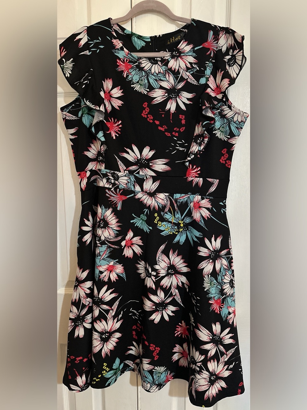 Floral Fit-and-Flare Midi Dress in Black with Pink & Teal Blooms
